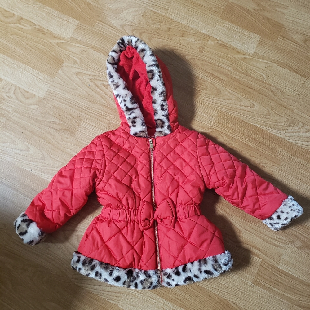 Pistachio Girls Toddlers Red Quilted Hooded Winter Coat Jacket  2T Faux Fur Bow